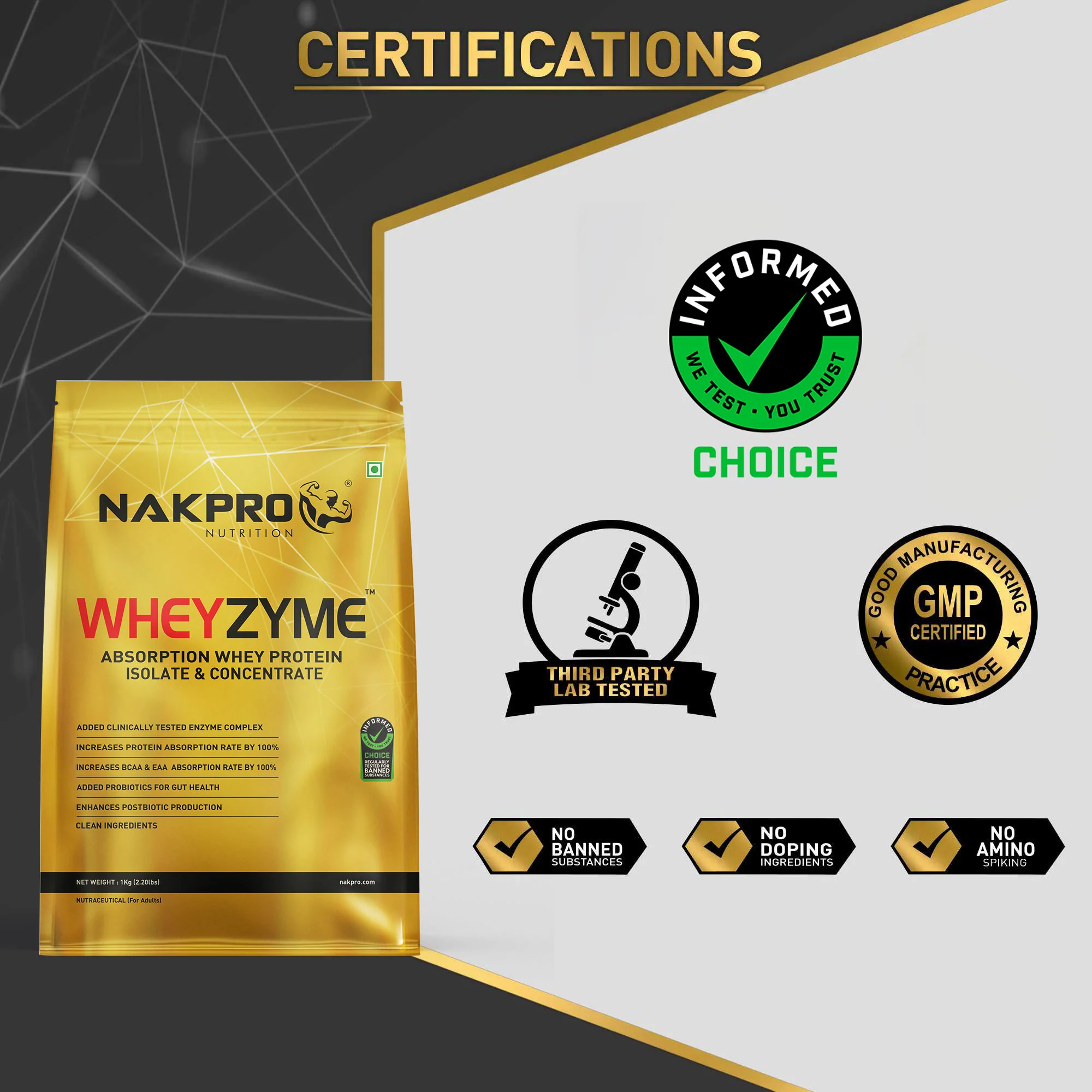 Nakpro Wheyzyme Absorption Whey Protein (Isolate & Concentrate) | 73g Protein | Added Probiotics | Trustified Certified - Image 11