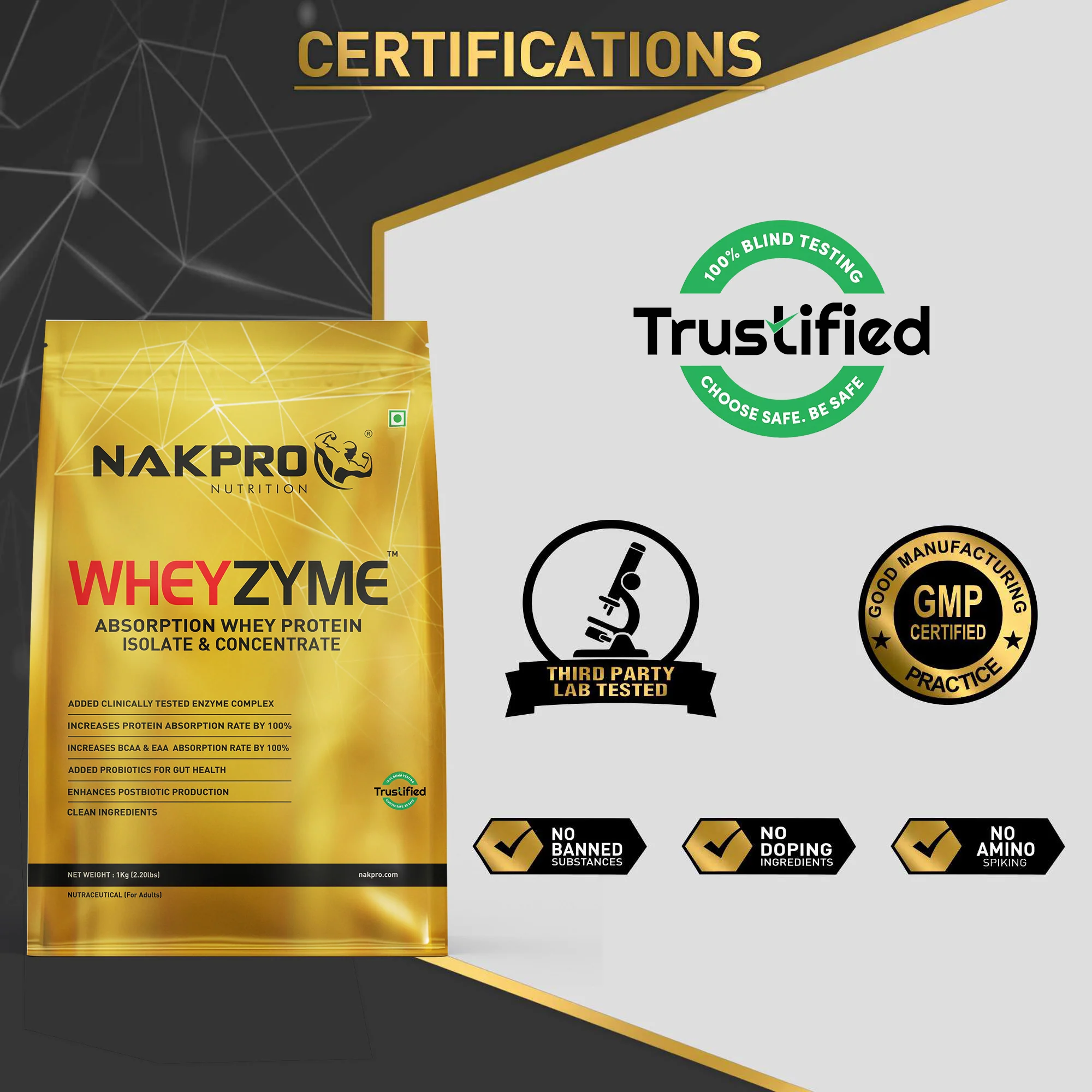 Nakpro Wheyzyme Absorption Whey Protein (Isolate & Concentrate) | 73g Protein | Added Probiotics | Trustified Certified - Image 26