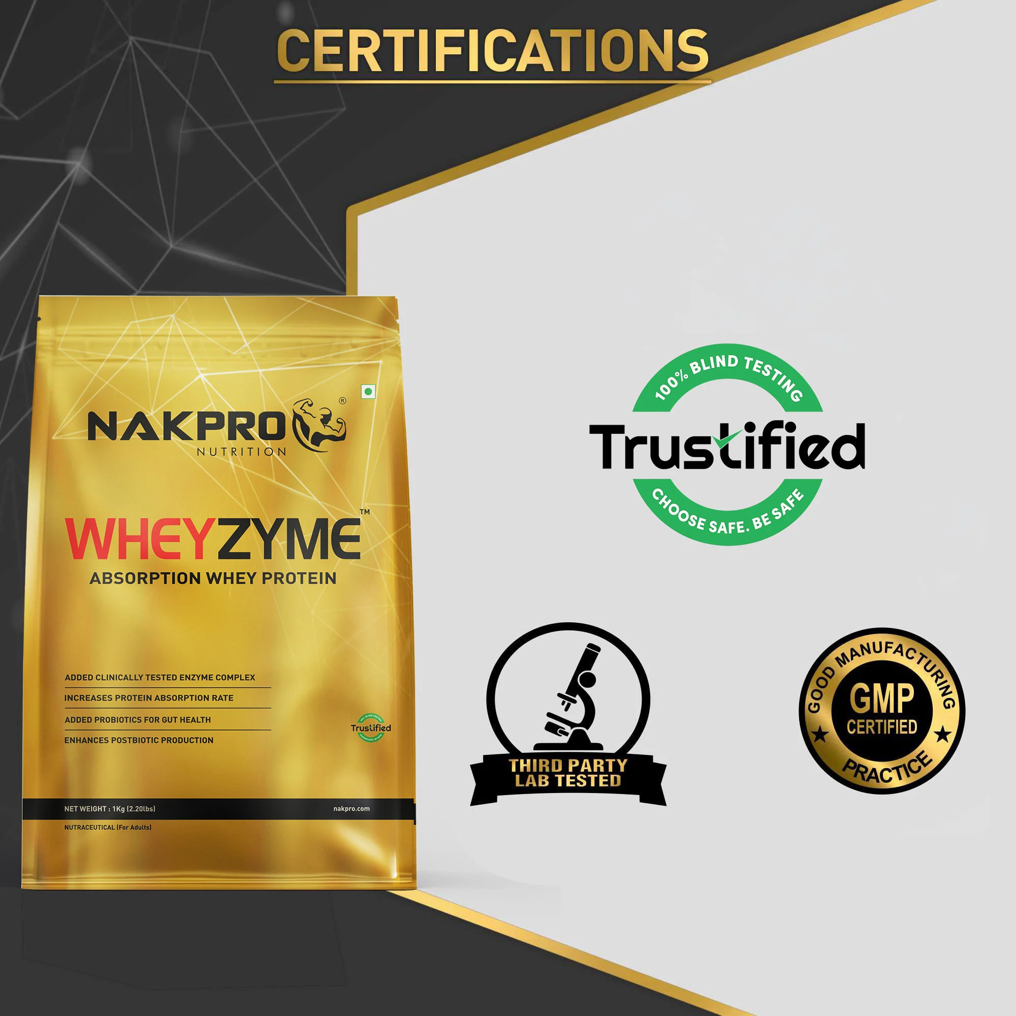 Nakpro Wheyzyme Absorption Whey Protein (Isolate & Concentrate) | 73g Protein | Added Probiotics | Trustified Certified - Image 36